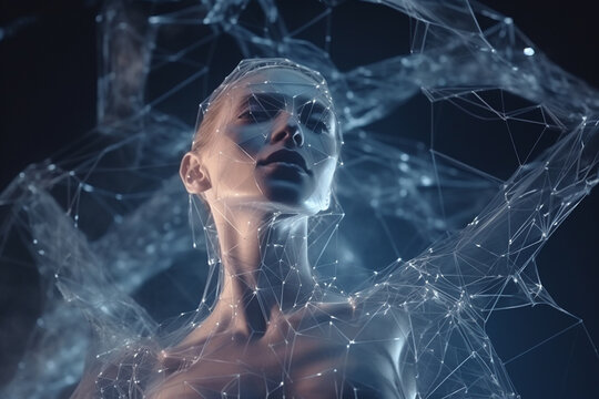 Cloned woman in a digital cocoon - processes of cloning a living organism. Technologies of the future.