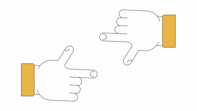Finger framing 404 error animation. Focus gesture. Failed perspective vision error message gif, motion graphic. Lost inspiration animated cartoon line concept 4K video isolated on white background