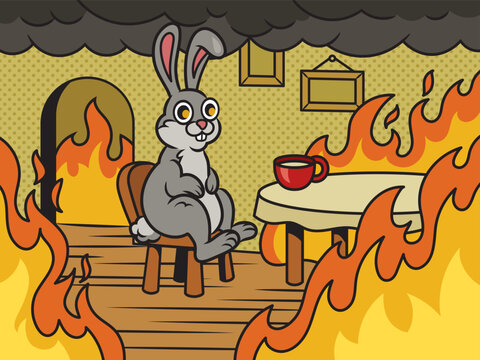 Naklejka Rabbit hare bunny in fire meme This is fine pinup pop art retro vector illustration. Comic book style imitation.