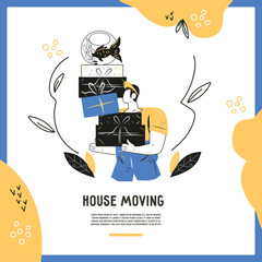 House moving transportation service banner or flyer design, minimalist trendy graphic cartoon vector illustration on white background. Porter or loader man assists in house moving.