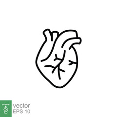 Human heart icon. Simple outline style. Internal organ, real, cardiology, cardiac anatomy, medical concept. Thin line symbol. Vector illustration isolated on white background. EPS 10.