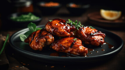 Fototapeta premium Grilled sticky chicken wings on plate over dark background. Buffalo chicken wings with sauce. Close up view.