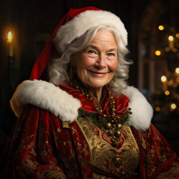 Mrs Santa Claus, the wife of father Christmas, sitting in a chair in their house on the North Pole. Shallow field of view.