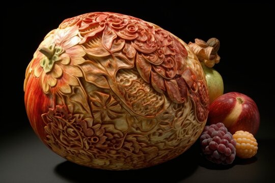 A detailed carving of a bird perched on a fruit sculpture