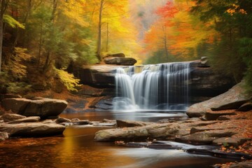 A majestic waterfall surrounded by lush greenery in a tranquil forest setting