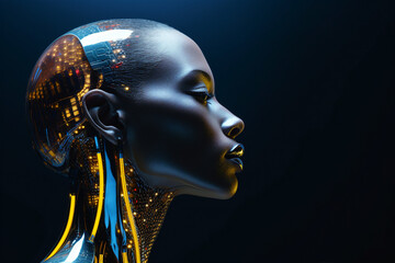 Generative ai collage of female humanoid robot invention on dark black background