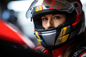 Generative AI digital portrait of a professional sports car racer in a helmet driving auto on the track