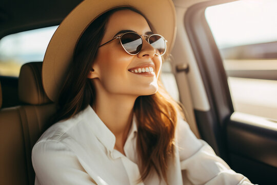 Generative AI photography of beautiful girl sitting inside car enjoying comfort trip sunny day