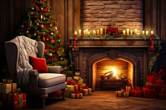 Cozy Christmas Room Interior with Fireplace, Tree, and Gifts: Celebrate the Holidays in Style: Generative AI