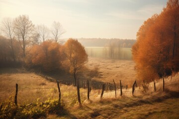 A colorful autumn field with a charming wooden fence and vibrant orange trees