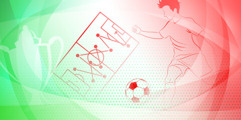 Soccer background with a football player kicking the ball and other sport symbols in national colors of Italy or Mexico