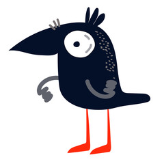 Funny black crow on halloween cartoon character. Raven bird. Hand drawn vector illustration.
