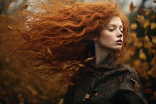 The wind gently tousles woman"s hair on an autumn day