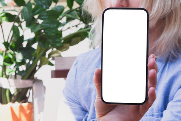 Woman holding a mobile phone in her hands with an isolated screen for your text