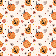 Jack pumpkins, seamless pattern. Watercolor illustration on white background