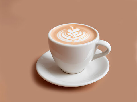 Una taza de cerámica con un delicioso café con leche., Vista superior y de cerca. Copy space. IA Generativa