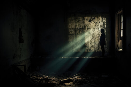 Dark Room With A Single Source Of Light Illuminating A Mysterious Silhouette Near A Broken Window