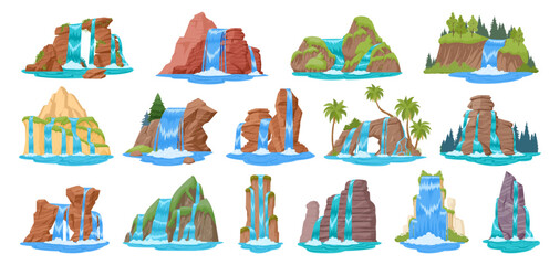 Cartoon waterfalls. River streams waterfall landscape with mountains and trees, wild nature streaming water cascade flat vector illustration set. Mountain river waterfall collection © GreenSkyStudio