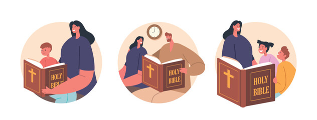 Isolated Round Icons or Avatars with Devoted Christian Family Gathered, Reading Bible With Reverence Vector Illustration