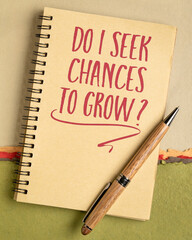 Do I seek chances to grow? Self reflection question in a notebook. Personal development concept.