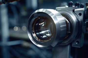 Introducing an exclusive glimpse into the intricate world of machine vision: behold a remarkable close-up of a cutting-edge camera lens meticulously identifying minuscule imperfections on metallic