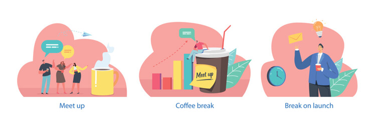 Isolated Elements With Characters Perform Meet Up Scenes. People Gathering, Sharing Experiences, Exchanging Ideas