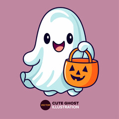 Cute Ghost Holding Candy Basket Pumpkin Cartoon Illustration: Flat Style Delight for Posters, Cards, Decor, and Prints