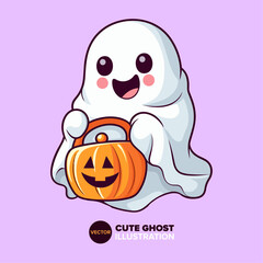 Trick-or-Treat Delight: Cute Ghost and Pumpkin Cartoon Illustration with Candy Basket, Flat Style for Poster, Card, Decoration, and Print!