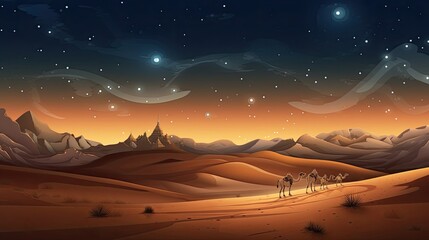 Fototapeta na wymiar fantastic dunes in the desert at night with sparkling stars herd of camels in far distance