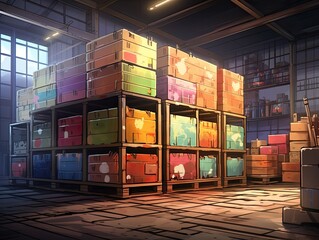 A palette with boxes in front of a blurred inside a warehouse and rows of shelves in the background