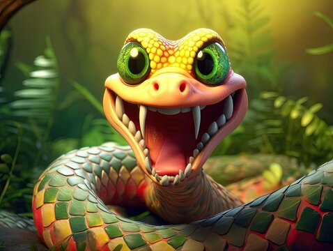 a cute and happy snake with eyes wide open in cartoon style