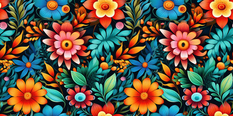 Seamless pattern of brilliant wildflowers on shadowy background. Concept: Vibrant and organic colourful blooms on dim backdrop - obrazy, fototapety, plakaty