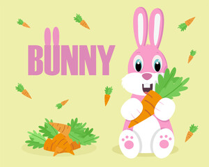 pink-white bunny with a carrot, simple vector illustration