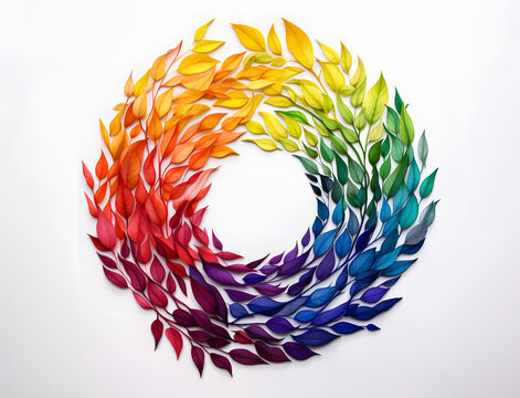 Rainbow colored leaves, circle pattern on white background, flat lay, minimalistic foliage decorative concept