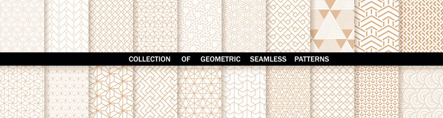 Geometric set of seamless gold and white patterns. Simpless vector graphics