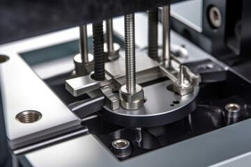 A captivating close-up showcasing the clamping mechanism of a cutting-edge tensile testing machine, firmly fastening a metallic sample to unravel its robustness through strength analysis.