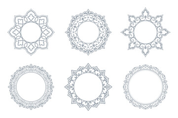 Set of decorative frames Elegant vector element for design in Eastern style, place for text. Floral gray and white borders. Lace illustration for invitations and greeting cards