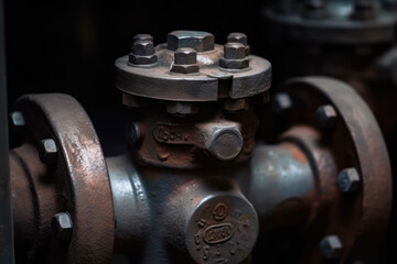 Obraz na płótnie Canvas Unveiling the mesmerizing essence of an industrial valve; a captivating macro portrayal of intricate details, rusted metal texture, and its pivotal role in machinery.