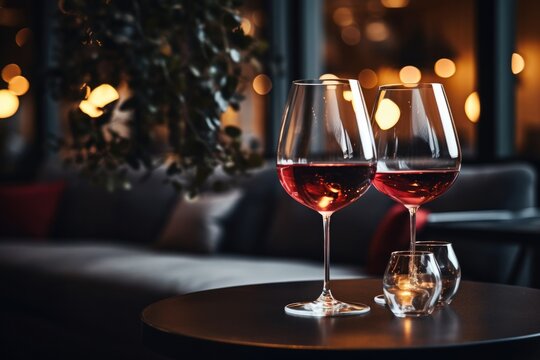 Close up view of wine glasses on out of focus high end hotel background.