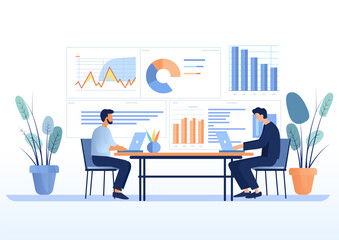 Business team working on monitor. Business finance investment concept. Ready to apply to your design. Vector illustration.