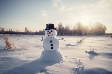 Fototapeta premium A cheerful snowman standing in a winter wonderland