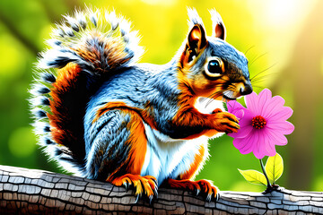photo of a squirrel holding a flower