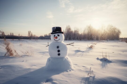 A cheerful snowman standing in a winter wonderland