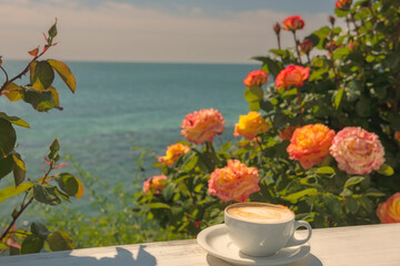   a cup of cappuccino on a sunny terrace overlooking the sea among blooming roses