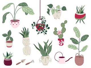 Houseplant set. Green plants growing in pots isolated on transparent background. Indoor tropical plants. Home gardening. Flat style vector illustration.
