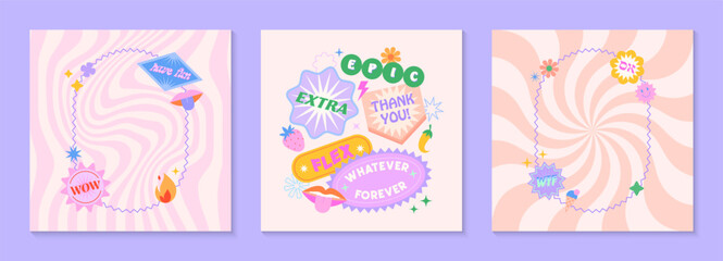 Fototapeta na wymiar Vector social media templates with patches and stickers in 90s style.Modern emblems in y2k aesthetic with spiral and wavy backgrounds.Trendy funky designs.
