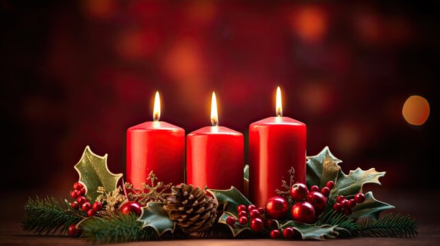  three lite red candles with a red background and reflective sparkles in a Christmas-themed image as a JPG horizontal format. Generative ai