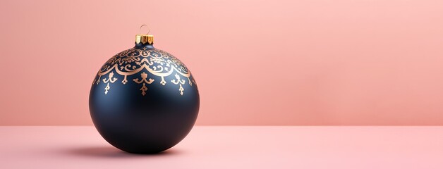 blue navy Christmas bauble with golden pattern isolated on a pink background with copy space. 