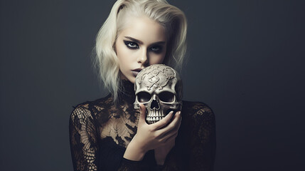 A silken blonde haired woman holding a skull in front of her face