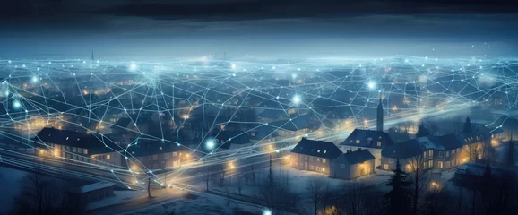 Deurstickers urban network in the net of buildings under blue light Generative AI © SKIMP Art